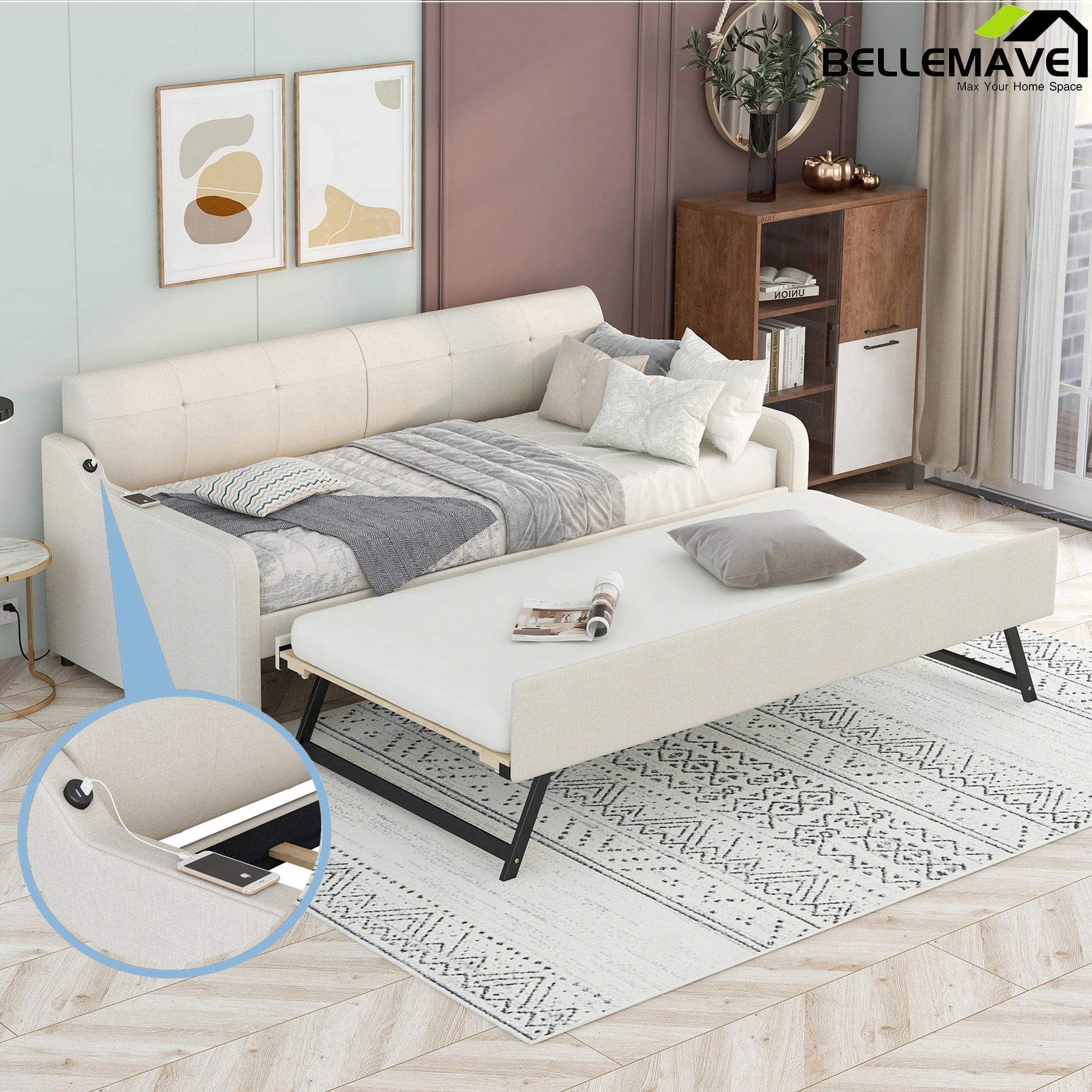 Bellemave Twin Size Upholstery Daybed with Adjustable Trundle and USB