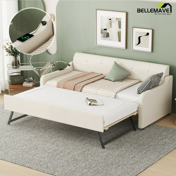 Bellemave Twin Size Upholstery Daybed with Adjustable Trundle and USB Charging Design,Wooden Twin Daybed Sofa Bed with Pop Up Trundle,Can be Flat or Erected(Beige)