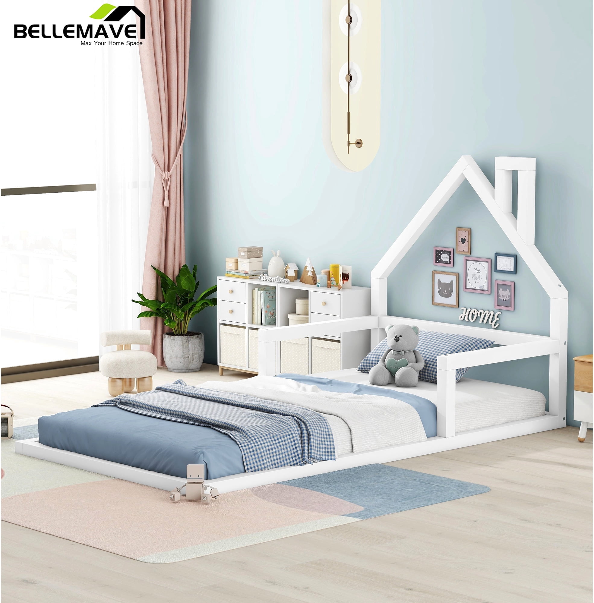 Bellemave Twin Size Wood Floor Bed with House-shaped Headboard  Montessori Floor Bed with Rails and Wooden Slats, No Box Spring Needed, White