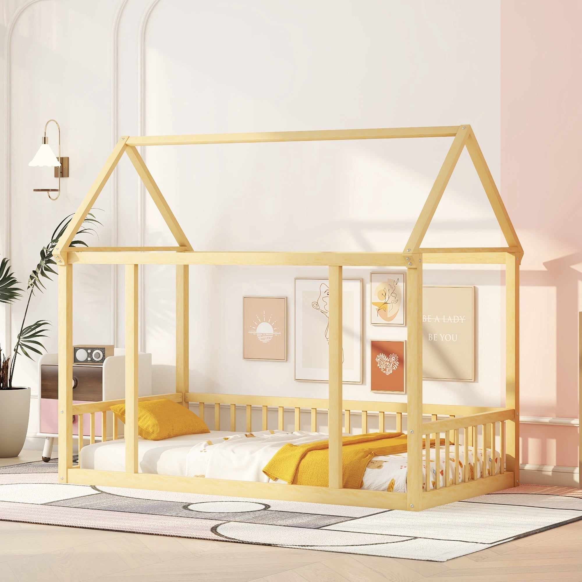 Bellemave Twin Size Wood House-Shaped Floor Bed with Fence, Guardrails, Montessori Floor Bed House Bed Frame with Roof (Twin, Natural)