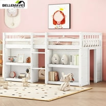 Bellemave Twin Size Wooden Loft Bed with Storage Shelves and LED Light Junior Loft Bed with Guardrails and Playroom Space-saving Low Loft Bed Frame, White