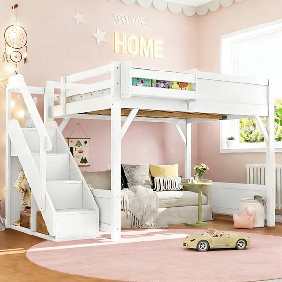 Full Size Loft Bed with Stairs, Solid Wood Loft Beds Frame with Wardrobe, Gaming Loft Beds Full with Storage Shelf for Teens Adults (White)