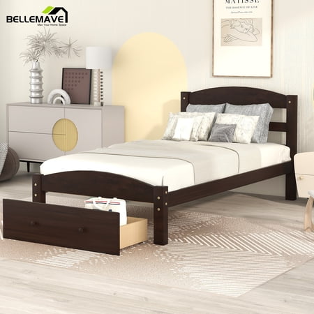 Bellemave Twin Solid Wood Bed Frame with Storage Drawer, Kids Platform Bed Frame for Girls & Boys, No Box Spring Needed (Espresso, Twin)