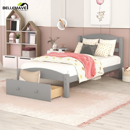 Bellemave Twin Solid Wood Bed Frame with Storage Drawer, Kids Platform Bed Frame for Girls & Boys, No Box Spring Needed (Gray, Twin)