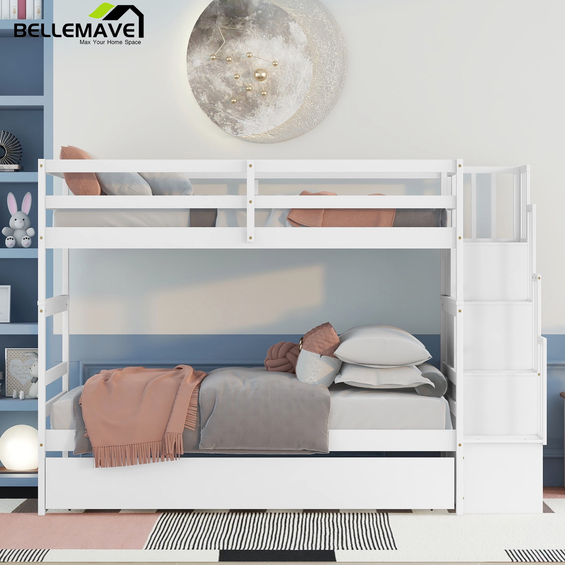 Bellemave Twin over Twin Stairway Bunk Bed with Trundle, Wood Frame ...