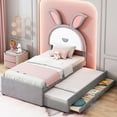 thumbnail image 1 of Bellemave Twin Storage Bed Frame with Trundle, Upholstered Rabbit-Shape Platform Bed with LED Lights, Twin Size Princess Bed with Storage for Adults（Gray), 1 of 10