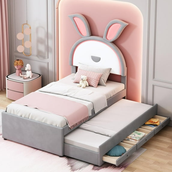 Bellemave Twin Storage Bed Frame with Trundle, Upholstered Rabbit-Shape Platform Bed with LED Lights, Twin Size Princess Bed with Storage for Adults(Gray)