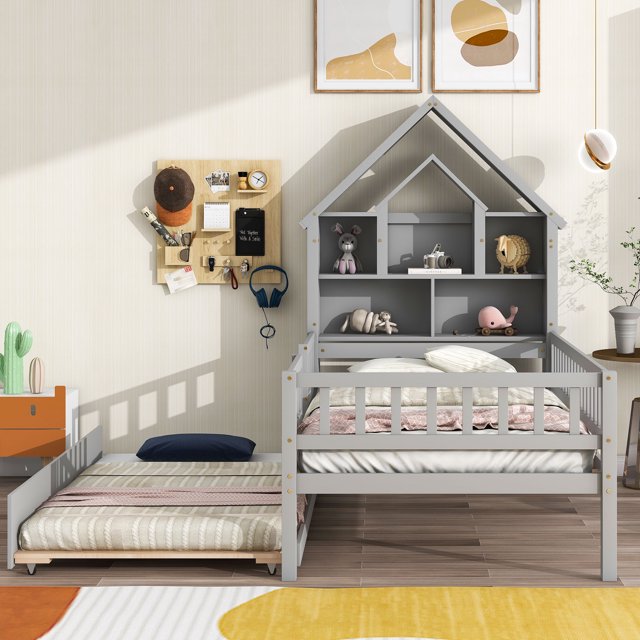 Bellemave Twin Toddler Bed with House Shaped Bookcase Headboard and