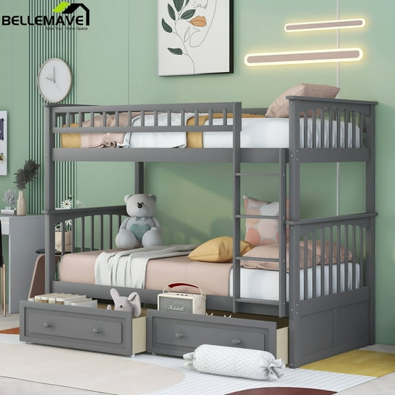 Bellemave Twin Over Twin Bunk Bed with 2 Storage Drawers,Wooden Bunk Bed Frame with Guardrails for Bedroom, Can be Convertible into 2 Beds (Gray)