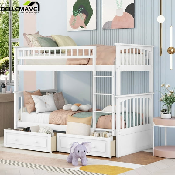 Bellemave Twin Over Twin Bunk Bed with 2 Storage Drawers,Wooden Bunk Bed Frame with Guardrails for Bedroom, Can be Convertible into 2 Beds (White)