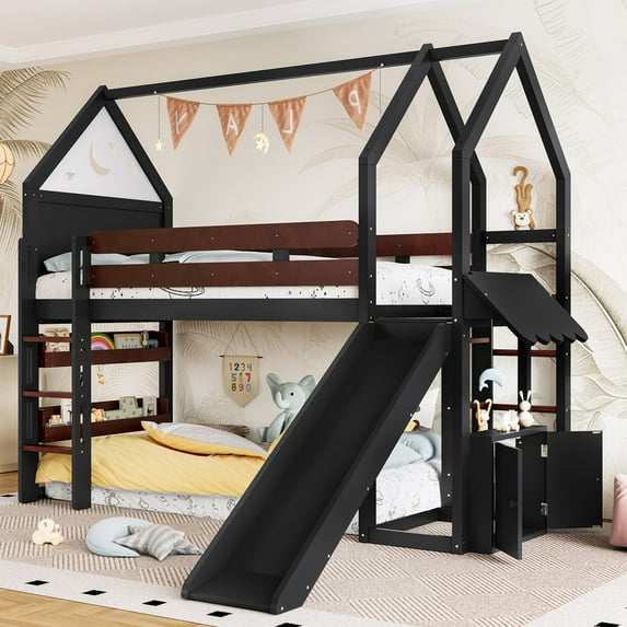 Bellemave Twin Over Twin Bunk Bed with Slide and Bookshelf, Solid Wood Twin Size Loft Bed with Large Playgame Space, House Bunk Loft Bed Frame Easy Assembly,Black