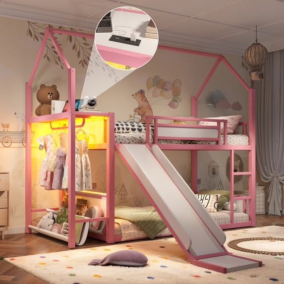Bellemave Twin Over Twin Bunk Bed with Slide, LED Light, Power Outlet, Clothing Hanging Area, Metal Floor House Loft Bed Frame with Fabric Storage Shelf and Play Area for Kids Girls boys(Black)