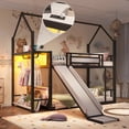 thumbnail image 1 of Bellemave Twin Over Twin Bunk Bed with Slide, LED Light, Power Outlet, Clothing Hanging Area, Metal Floor House Loft Bed Frame with Fabric Storage Shelf and Play Area for Kids Girls boys（Pink), 1 of 9