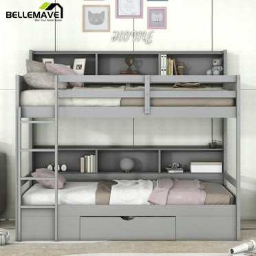 Bellemave Twin Over Twin Bunk Bed with Storage Drawer and Shelves Stylish Storage Bunk Bed with Built-in Shelves Twin Bunk Bed Frame for Kids, Teens, Adults, Gray
