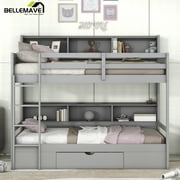 Bellemave Twin Over Twin Bunk Bed with Storage Drawer and Shelves Stylish Storage Bunk Bed with Built-in Shelves Twin Bunk Bed Frame for Teens, Adults, Gray