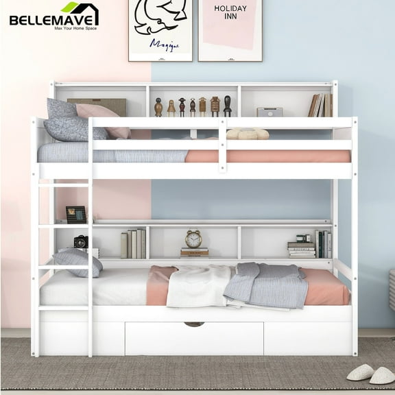 Bellemave Twin Over Twin Bunk Bed with Storage Drawer and Shelves Stylish Storage Bunk Bed with Built-in Shelves Twin Bunk Bed Frame for Teens, Adults, White