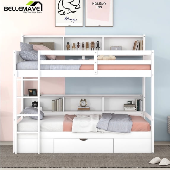 Bellemave Twin Over Twin Bunk Bed with Storage Drawer and Shelves Stylish Storage Bunk Bed with Built-in Shelves Twin Bunk Bed Frame for Teens, Adults, White