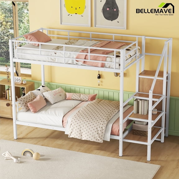 Bellemave Twin Over Twin Bunk Bed With Storage Staircase and Wardrobe Metal Twin Size Bunk Bed Frame with Shelves and Metal Slats Stairway Bunk Bed for Teens, No box Spring Needed, White