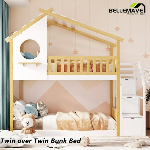 Bellemave Twin over Twin Bunk Beds with Storage Stairs,Guardrail, Window and Roof, Twin Bunk Bed House Bunk Bed/Low Bunk Bed(Natural)