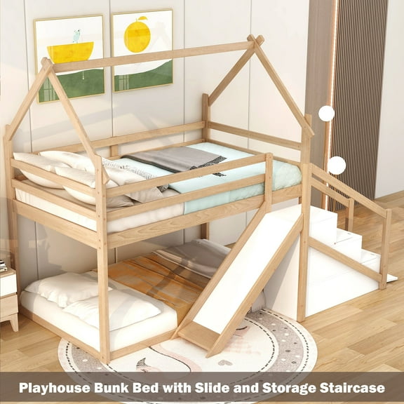 Bellemave Twin over Twin House Bunk Bed with Slide and Storage Staircase Playhouse Loft Bed Floor Bunk Bed Frame with Guardrails (Natural Brown)