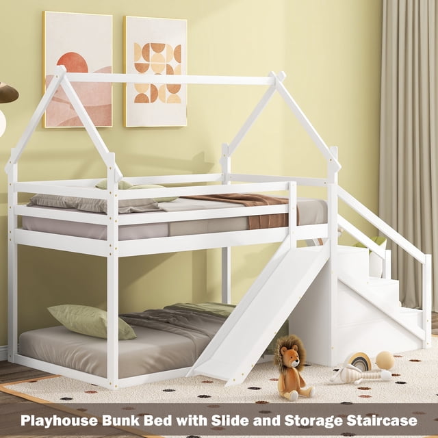 Bellemave Twin over Twin House Bunk Bed with Slide and Storage ...