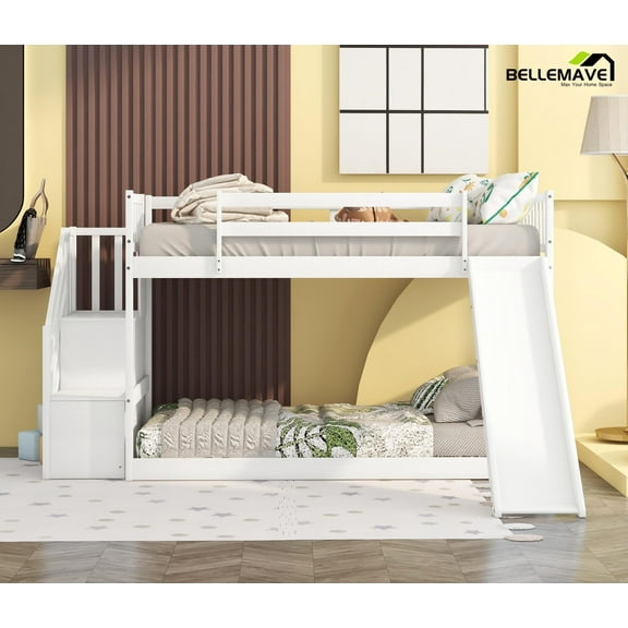 Bellemave Twin Over Twin Low Bunk Bed with Slide 2 Bunk Bed with Stairs Wooden Bed Frame with Storage and Guardrail, No Box Spring Needed, White