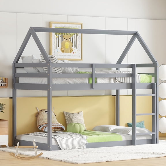 Bellemave Twin over Twin Rubber Wood Floor Bunk Bed House-shaped Bunk Bed Loft Bed with Roof Low Bunk Bed with Ladder and Guardrails for Teens (Gray, Twin over Twin)