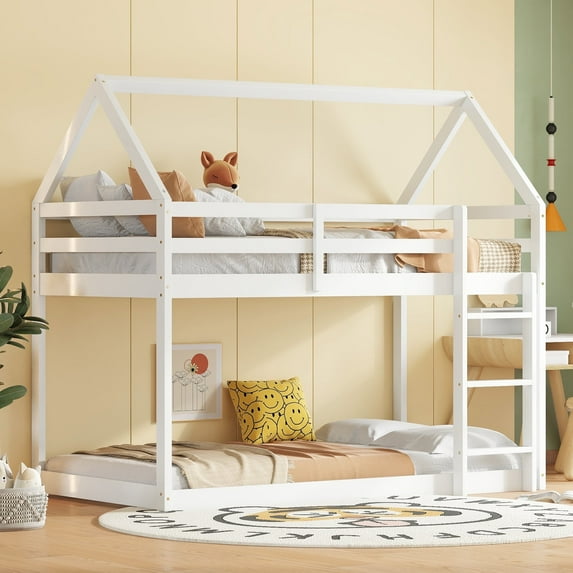 Bellemave Twin over Twin Rubber Wood Floor Bunk Bed House-shaped Bunk Bed Loft Bed with Roof Low Bunk Bed with Ladder and Guardrails for Teens(White, Twin over Twin)