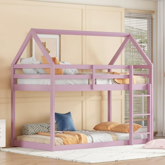 Bellemave Twin over Twin Rubber Wood Floor Bunk Bed House-shaped Bunk Bed Loft Bed with Roof Low Bunk Bed with Ladder and Guardrails for Teens (Pink, Twin over Twin)