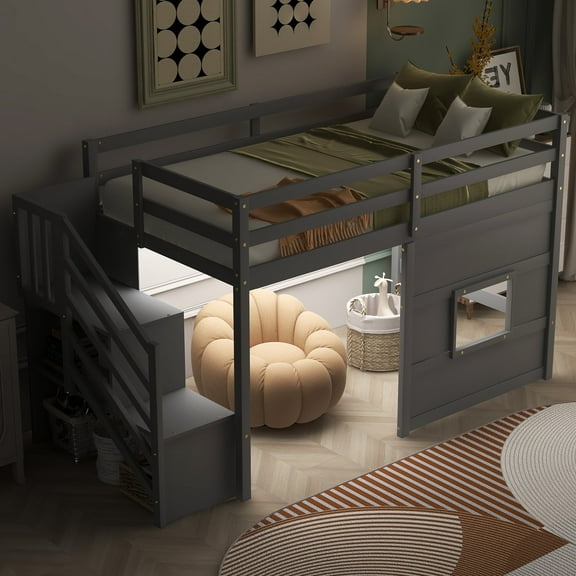 Bellemave Twin Size Loft bed with Underneath Storage Staircases ,Solid Wood Twin Loft Bed with Full-Lengths Guardrails for Bedroom, Gray