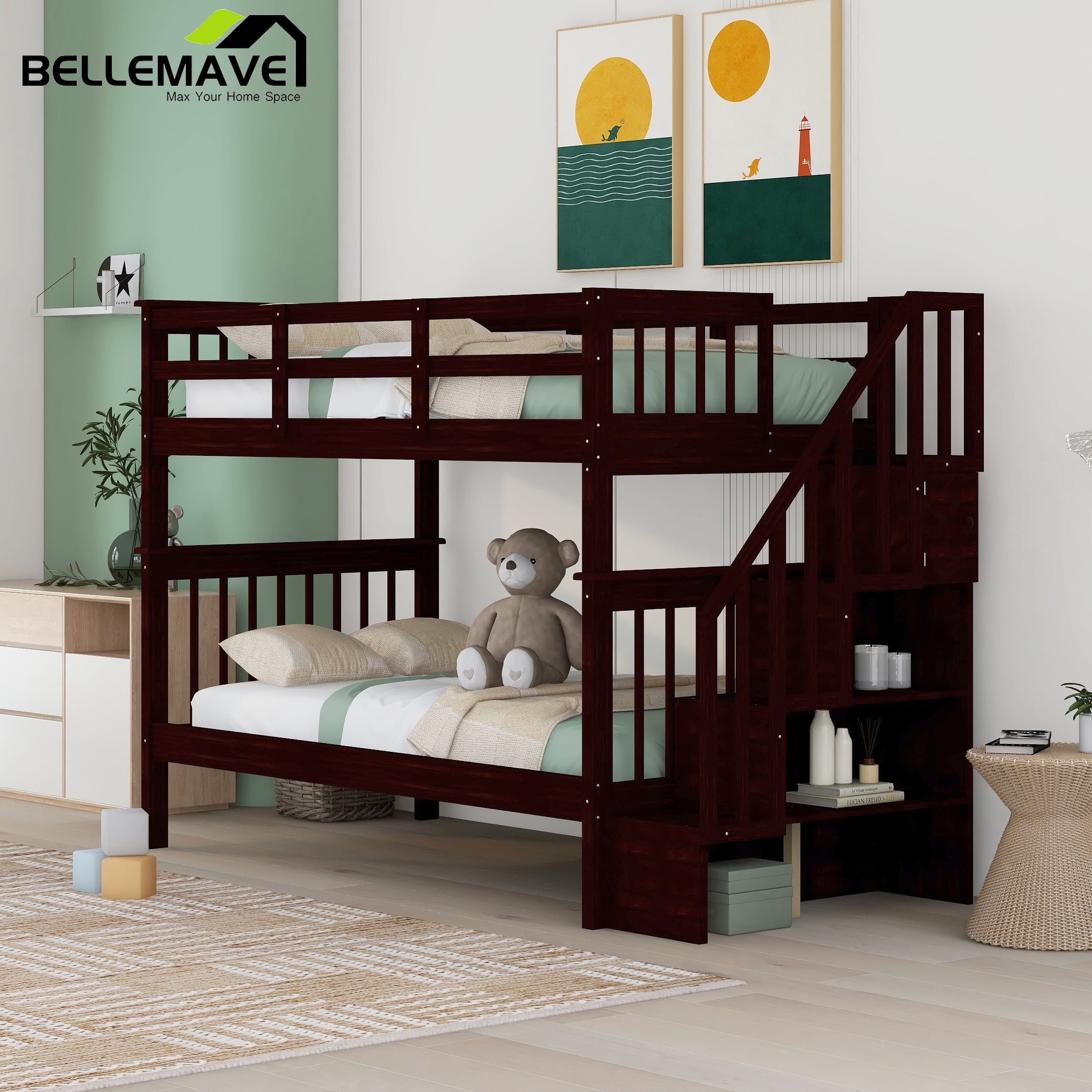 Bellemave Full Wood Twin Over Twin Stairway Bunk Bed with Storage ...