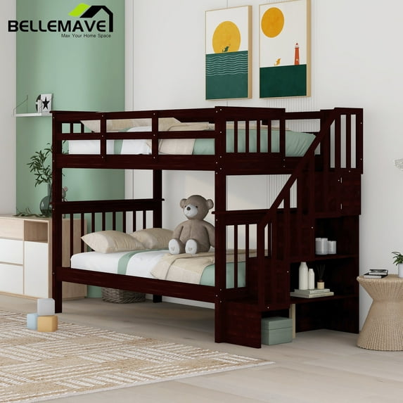 Bellemave Twin Over Twin Stairway Bunk Bed 2 Twin Bunk Bed with Storage Stairs Convertible 2 in 1 Bunk Bed Frame with Shelves and Guardrail, Espresso Brown