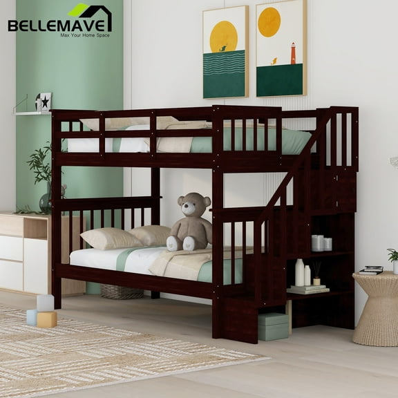 Bellemave Twin Over Twin Stairway Bunk Bed 2 Twin Bunk Bed with Storage Stairs Convertible 2 in 1 Bunk Bed Frame with Shelves and Guardrail, Espresso Brown