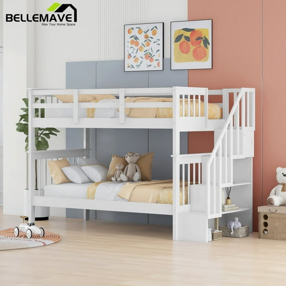 Bellemave Twin Over Twin Stairway Bunk Bed 2 Twin Bunk Bed with Storage Stairs Convertible 2 in 1 Bunk Bed Frame with Shelves and Guardrail, White