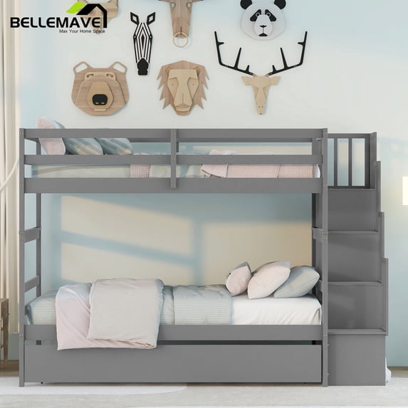 Bellemave Twin over Twin Stairway Bunk Bed with Trundle Wooden Bunk Bed Frame with Guardrails and Staircase, Twin Size Bunk Bed with Storage Stairs for Teens, Gray