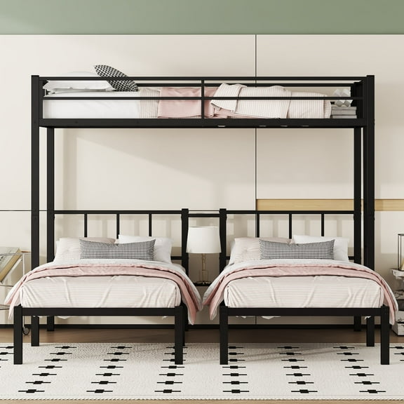 Bellemave Twin over Twin and Twin Bunk Bed for 3 Metal Triple Bunk Bed Frame with Storage Shelf and Guardrails Twin Size Triple Bunk Convertible 3 Bunk Beds for Teens, Black