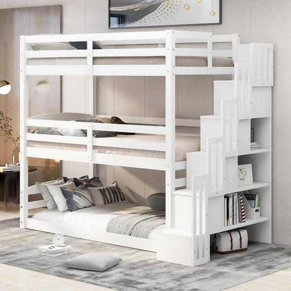 Bellemave Twin Over Twin & Twin Bunk Bed, Wood Triple Bunk Beds with Storage Stairs, Triple Bed Can Convertible 3 Twin Size Bed for 3 Teens, No Box Spring Needed-White
