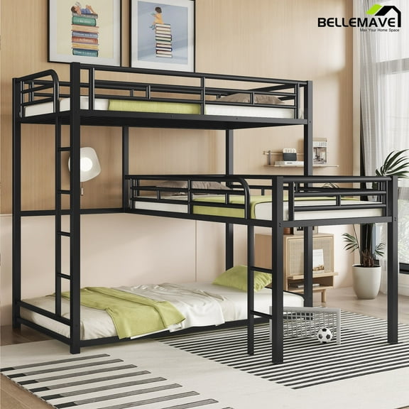 Bellemave Twin Over Twin over Twin Size Metal Bunk Bed L-shaped Triple Bunk Bed Frame with 2 Ladders and Guardrails Twin Floor Bunk Beds for Teens (Black - L-shaped)