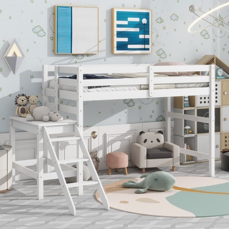 Bellemave Twin Wood Loft Bed with Full-length Safety Rail and Ladder, Space-Saving Bedroom Low Loft Bed for Kids (White)