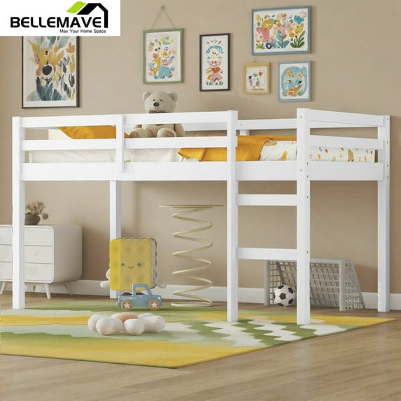 Bellemave Twin Wooden Loft Bed with Storage, Low Loft Bed with Ladder, Wooden Loft Bed Twin Size with Safety Guardrails for Teens, White