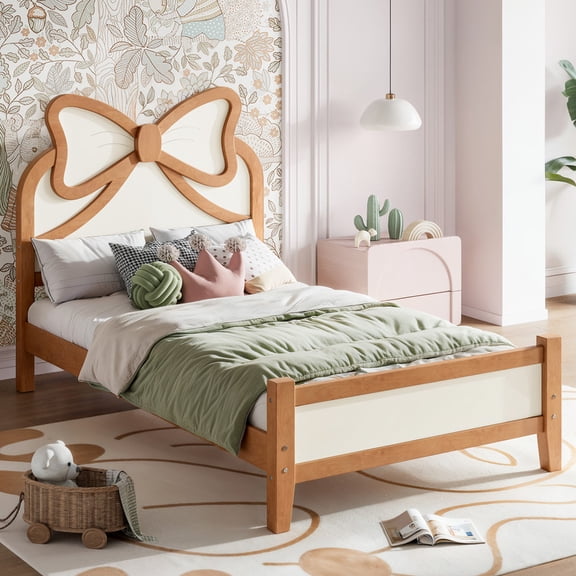 Bellemave Twin Wooden Platform Bed with Bow Headboard, Low Profile Solid Wood Frame with Slatted Support, No Box Spring Needed, Brown & Beige