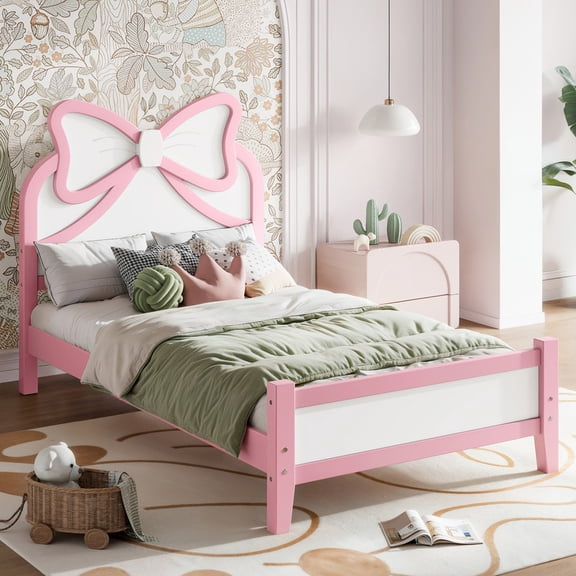 Bellemave Twin Wooden Platform Bed with Bow Headboard, Low Profile Solid Wood Frame with Slatted Support, No Box Spring Needed, Pink & White