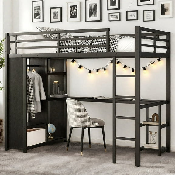 Bellemave Twin XL Loft Bed with Desk and Wardrobe, Metal Game Loft Beds Frame with Storage Shelves, Space Saving High Loft Bed with Hanging Rod for Adults Teens Kids (Black,Twin XL)