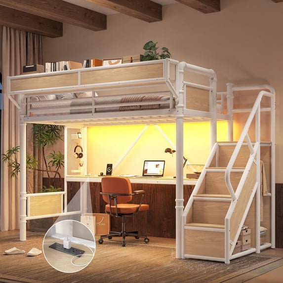 Bellemave Twin Loft Bed with Desk, Metal Loft Bed with Storage & Wardrobe, High Loft Bed with LED Lights & Charaging Station, Heavy Duty Metal Frame with Pegboard & Baskets for Teens Adults, White