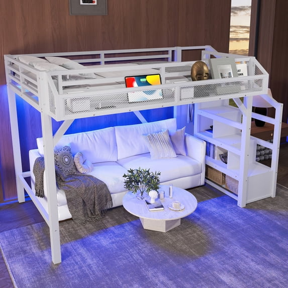 Bellemave Twin XL Loft Bed with Stairs and Storage Wardrobe, Metal Loft ...