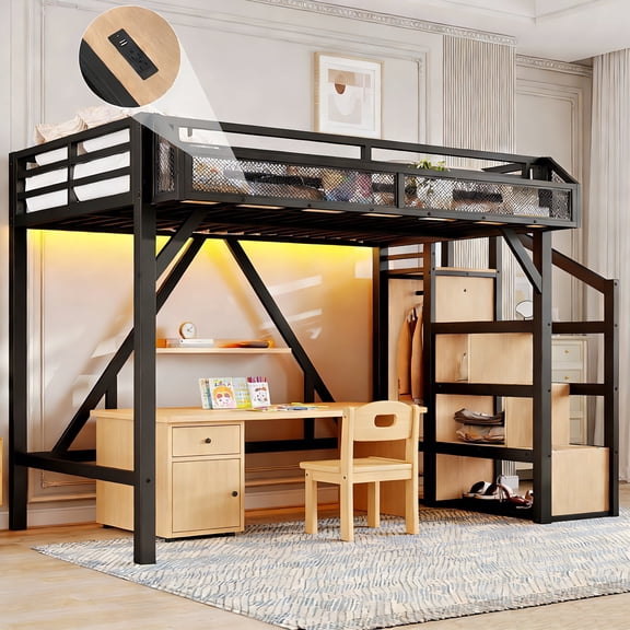 Bellemave Twin XL Loft Bed with Stairs and Storage Wardrobe, Metal Loft Beds Frame with USB Ports and LED Lights,Game Loft Bed Twin XL with Large Under-Bed Space, Easy Assembly (Natural Wood +Black)
