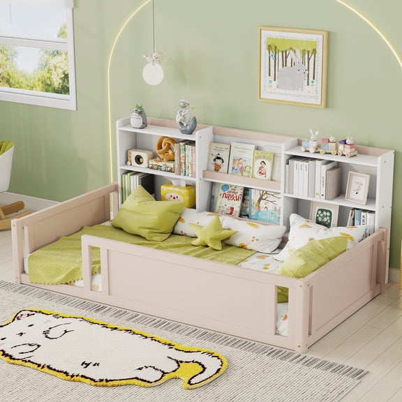 Bellemave Full Size Montessori Bed with Storage Bookshelf, Wood Floor Bed Frame with High Safety Rails, Low Profile Kids Bed for Toddler Boys and Girls (Nude+White)