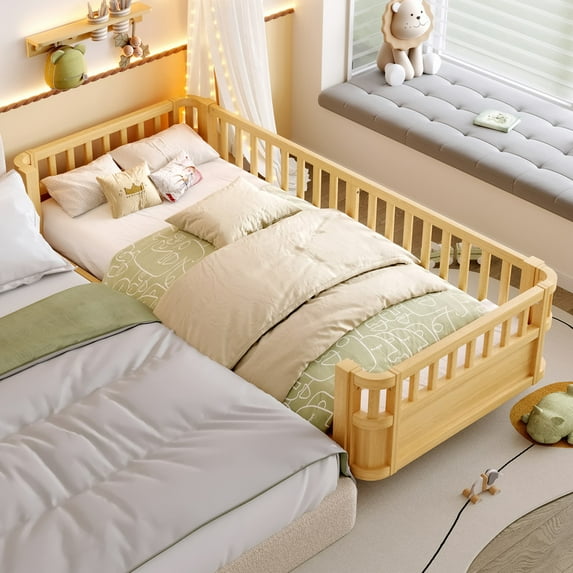 Bellemave Twin XL Montessori Bed with Fence, Wooden Low Platform Bed Frame with Detachable Side Bed Rails and Rounded Corner Design, Multiple Usage Methods Bed, No Box Spring Needed（Natural）