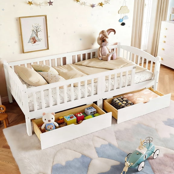 Bellemave Twin XL Montessori Bed with Storage Drawers and Guardrail, Wood Twin XL Low Profile Floor Bed Frame with Door, Daybed with Fence and Slat Support, White