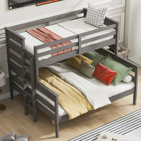 Bellemave Twin XL Over Queen Bunk Beds, Solid Wood Bunk Bed Frame with Ladder, Space Saving Bunk Beds for Teens Adults, No Box Spring Needed(Gray)